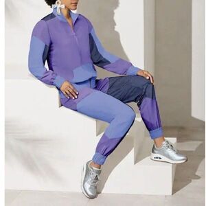 Ashro Womens Plus Size Retro Purple Mesh Nylon Active Lounge Pant and Jacket Set